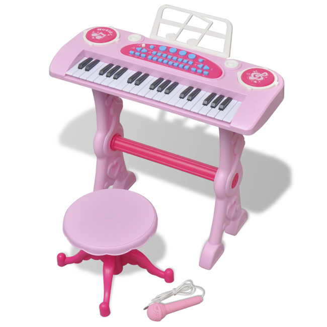 Legetøjskeyboard med taburet/mikrofon til børn, 37 tangenter, lyserødt