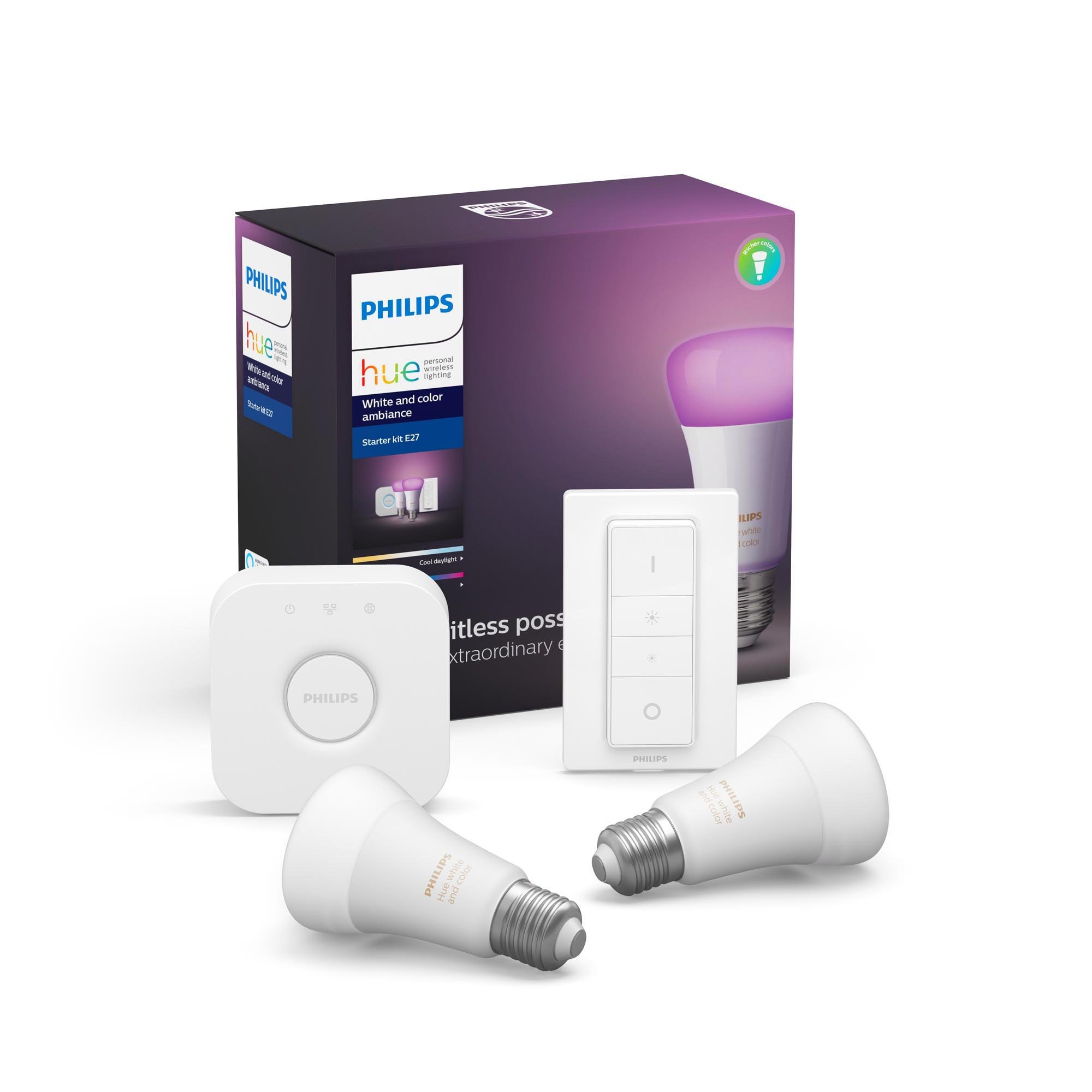 Philips Hue - 2xE27 + Bridge & Dimmer - Starter Kit - White and Color Ambiance