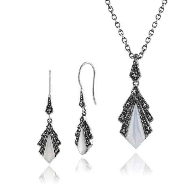 Gemondo 925 Sterling Silver Art Deco Mother of Pearl & Marcasite Drop Earrings & 45cm Necklace Set