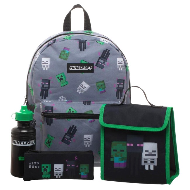 4 Piece Set Minecraft Backpack School Bag  Pencil Case Water Bottle Lunch Bag