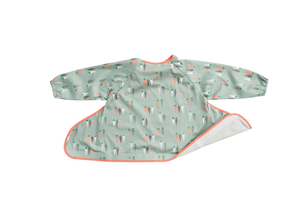 TidyTot Bib Sage Green with Carrots, Unisex, One Size fits 6 mths – 2 yrs. Waterproof. Adjustable Fit. Long Sleeved.