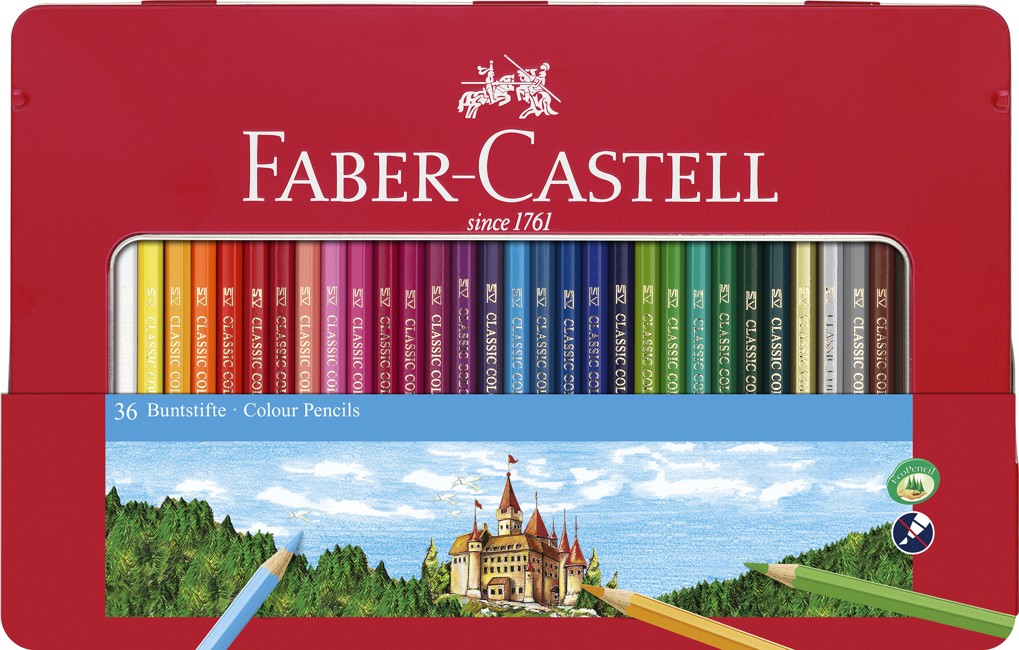 Faber-Castell - 6 kantede farveblyanter i metalæske, 36 stk (115886)