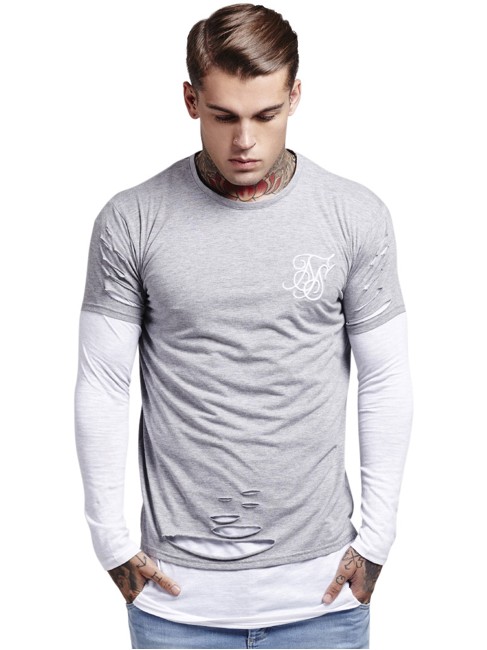 SikSilk Double Layered Ripped T-shirt Grey White