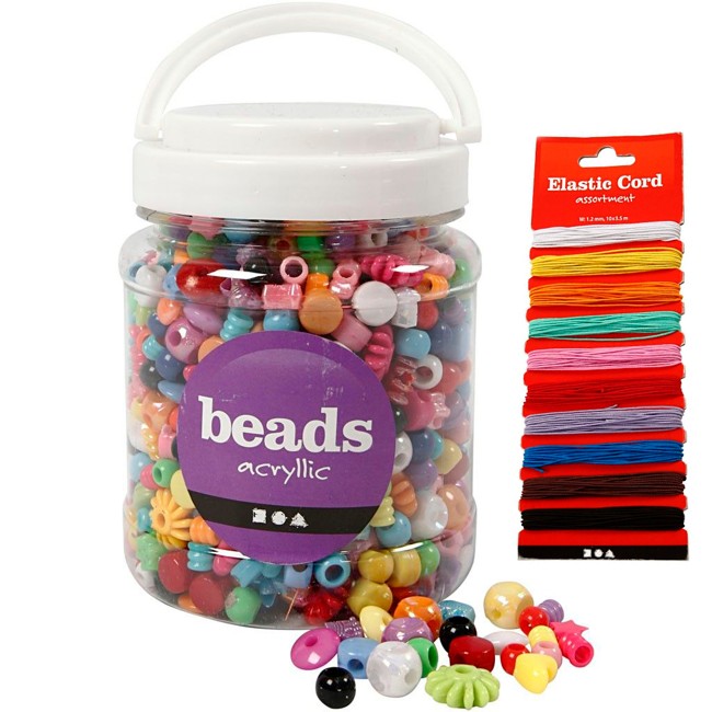 Beads - 700 ml. Spand - Perler i Plast - ca. 1175 stk. og Elastiktråd