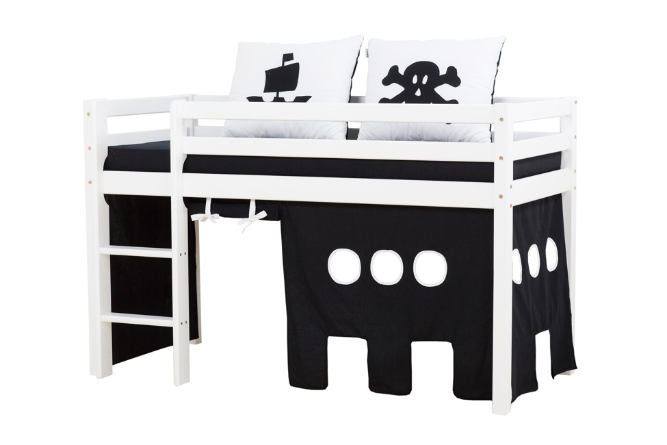 Hoppekids - BASIC Halvhøj seng med skummadreas + madrasbetræk + forhæng 70x160 - Pirat