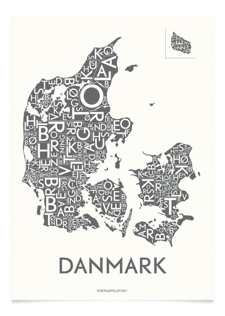 Kortkartellet - Danmark m/byer Plakat 50 x 70 cm - Koksgrå
