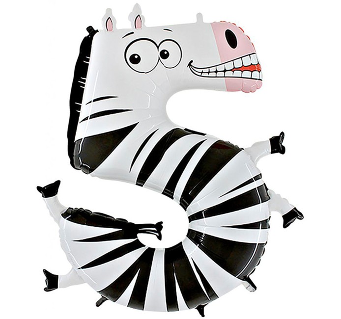 NUMBER 5 ZEBRA SHAPED ANIMALOON FOIL BALLOON 40inch