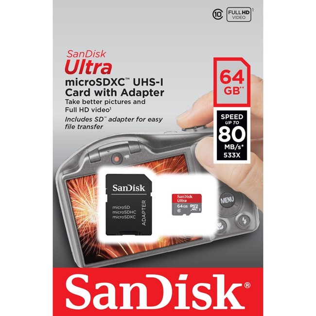 Sandisk - MicroSDHC Ultra Hukommelseskort 64GB 80MB/s UHS-I Adapt