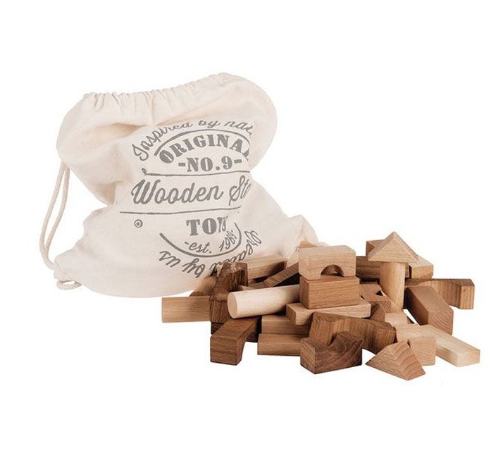 Wooden Story - Træklodser i bomuldpose,  natur, 100 stk