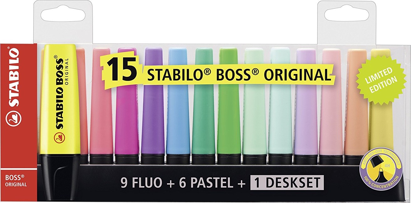 STABILO BOSS ORIGINAL Deskset of 15 Assorted Colours - Limited Edition
