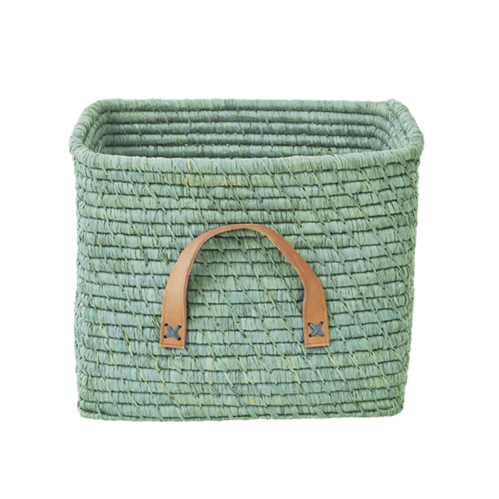 Rice - Small Square Raffia Basket with Leather Handles - Mint