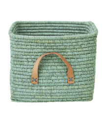 Rice - Small Square Raffia Basket with Leather Handles - Mint