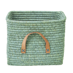 Rice - Small Square Raffia Basket with Leather Handles - Mint