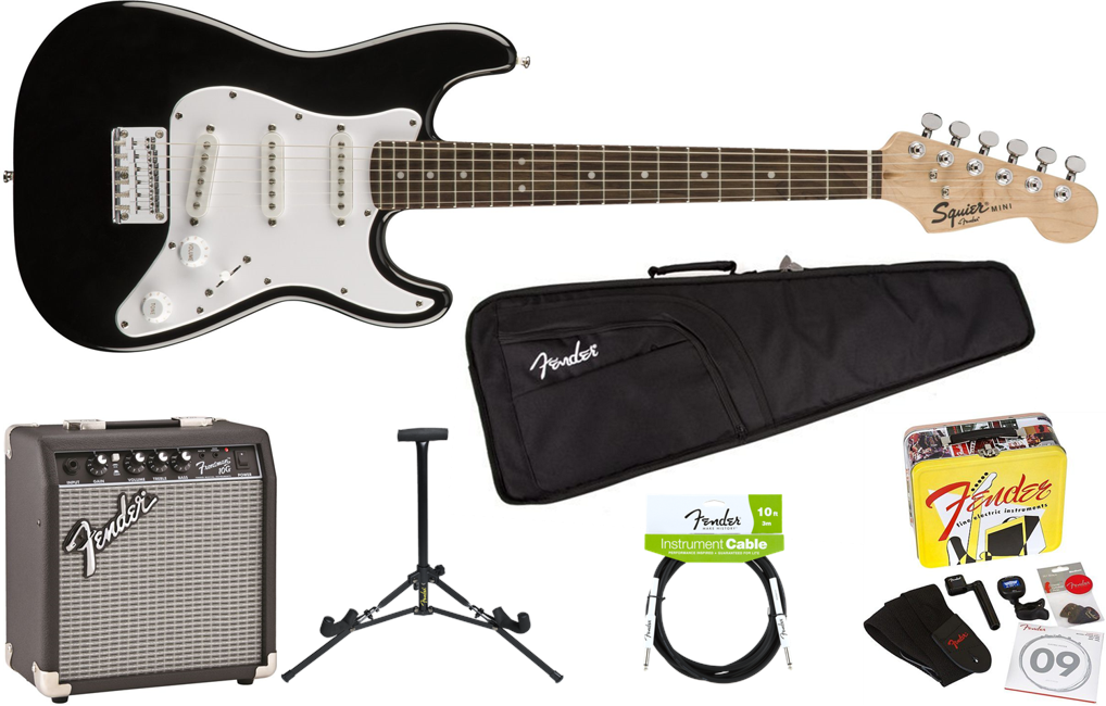 Squier By Fender - Mini Stratocaster V2 - 3/4 Str. - Elektrisk Guitar Start Pakke (Black)