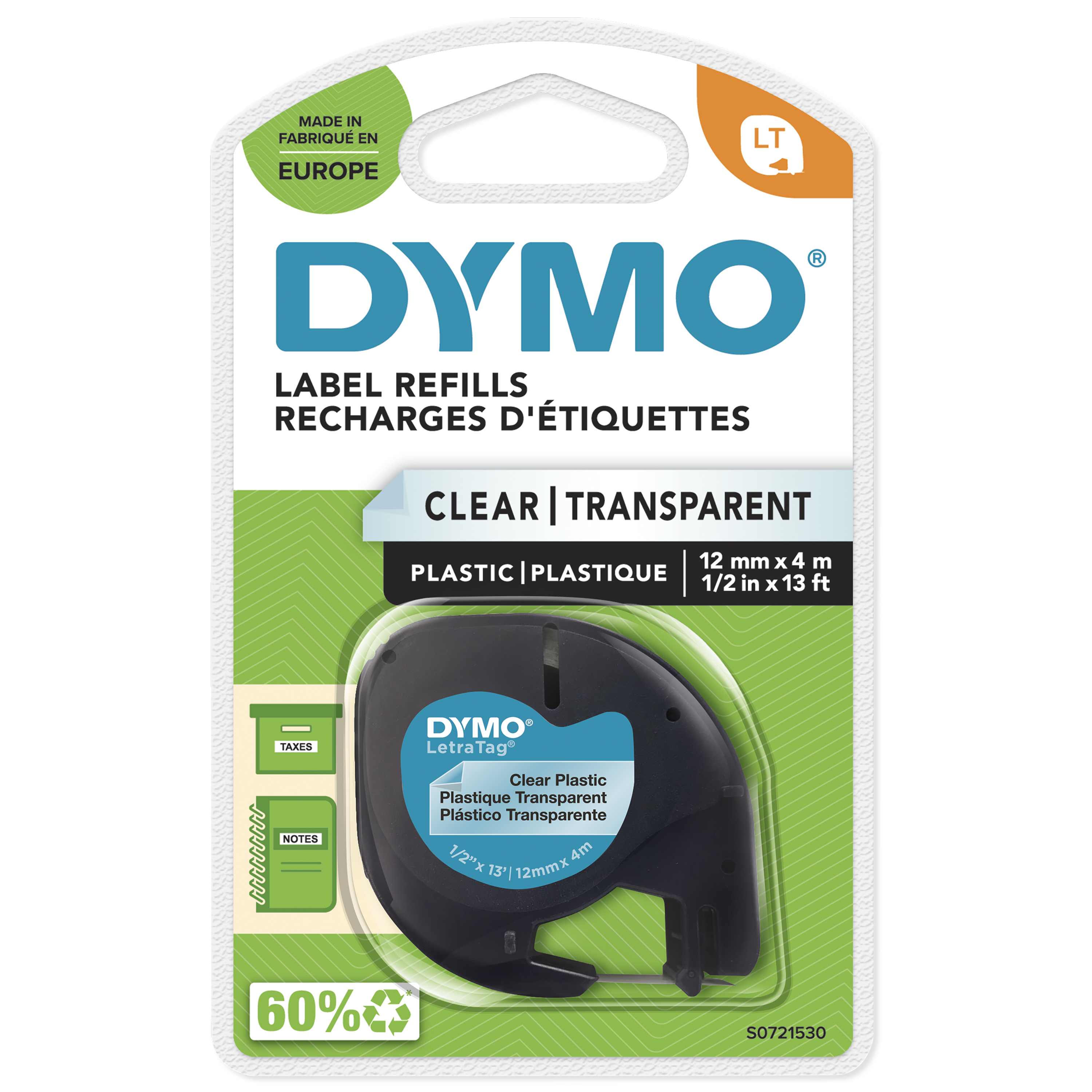 DYMO - LetraTag® Tape Plastic 12mm x 4m black on clear (S0721530) - Kontor og skoleutstyr