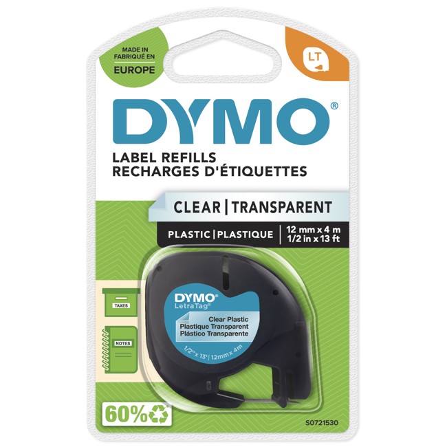 DYMO - LetraTag® Tape Plastic 12mm x 4m black on clear (S0721530)