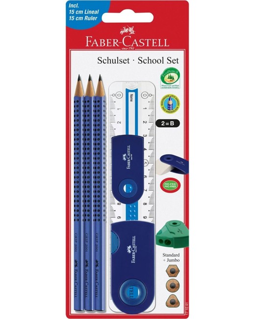 Faber-Castell - Skrivesæt  med lineal - 6 dele - Blå
