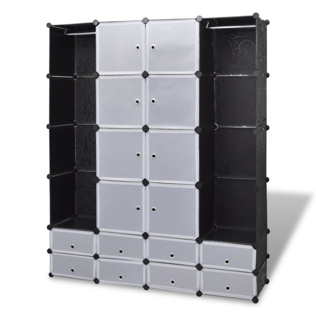 Opbevaringsskab med 24 kasser i sort og hvid 37x150x190 cm