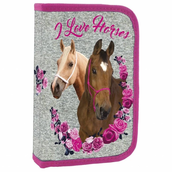 Horses - Filled pencil case - 22 pieces - Gray