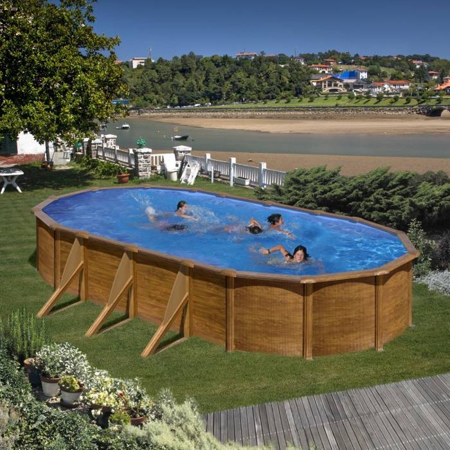 GRE - Swimming Pool - Oval stål - Trælook - 730x375x120cm (25.323 liter)