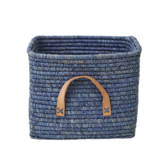 Rice - Small Square Raffia Basket with Leather Handles - Blue