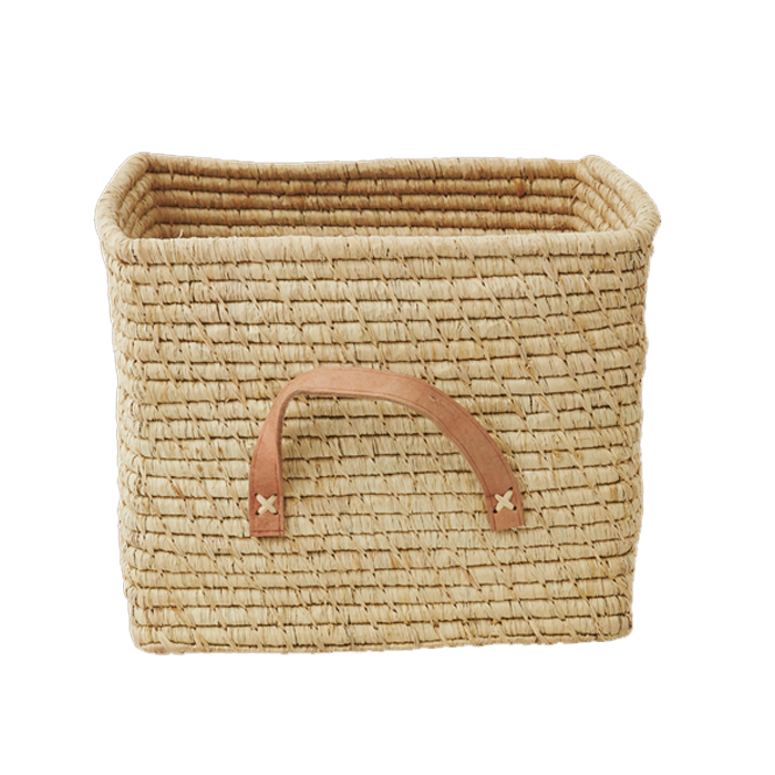 Rice - Small Square Raffia Basket with Leather Handles - Natural
