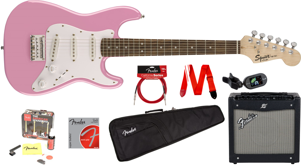 Squier By Fender - Mini Stratocaster - Elektrisk Guitar Start Pakke 3 (Pink)