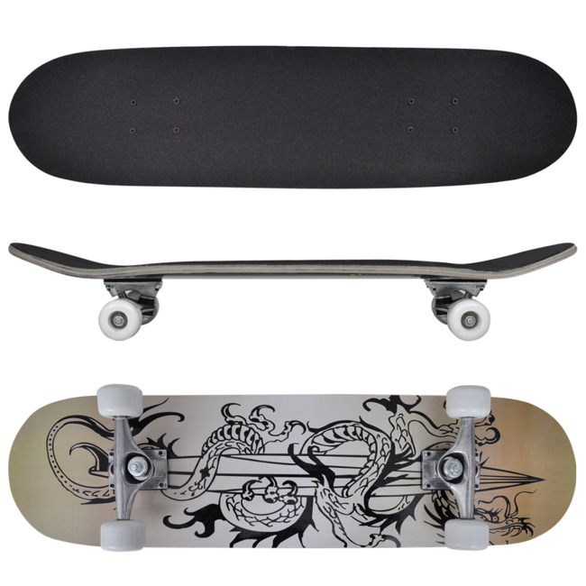 Ovalt skateboard i 9-ply ahorn med et sejt drage design