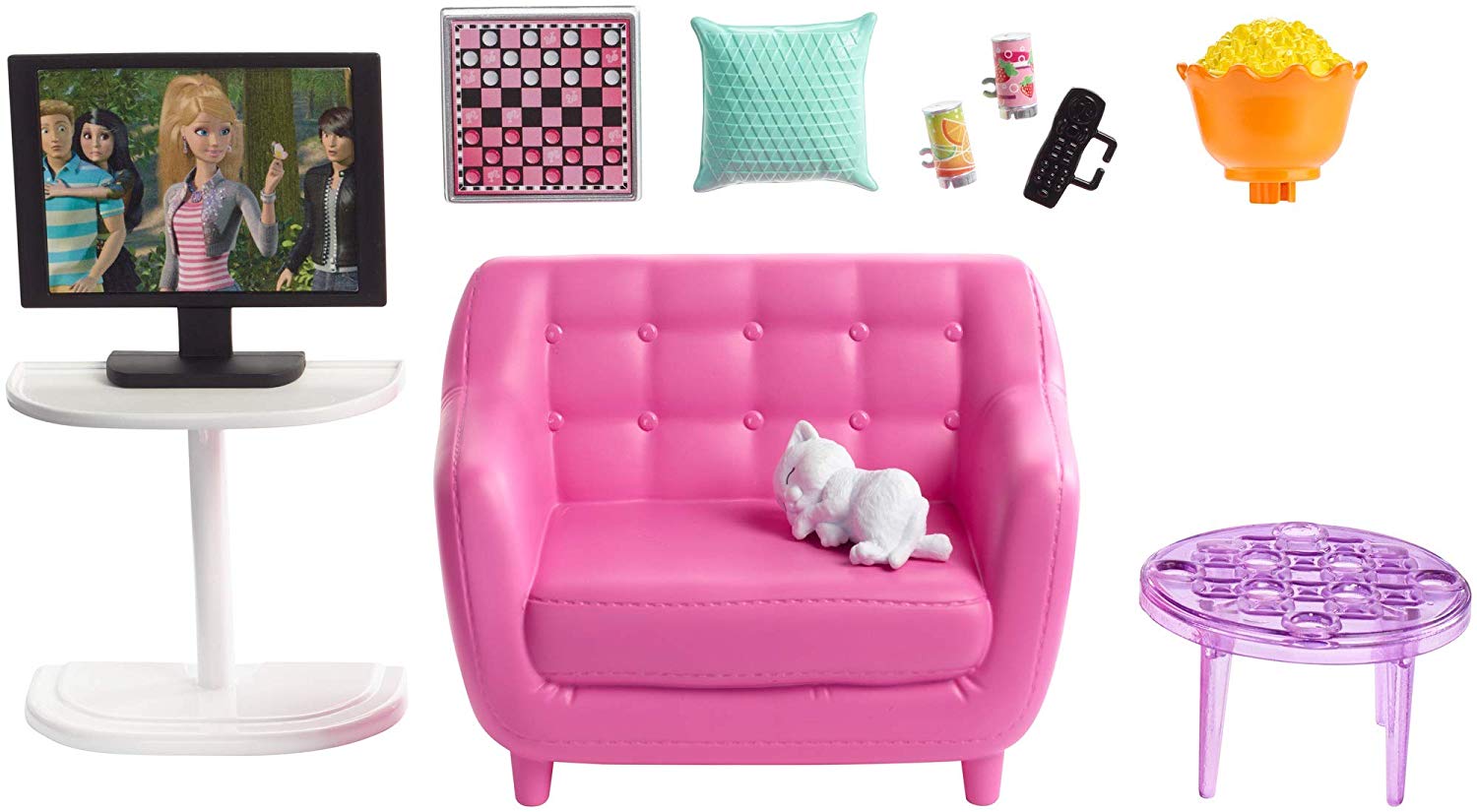 Buy Barbie Indoor Furniture Living Room With Kitten Playset FXG36 Purple Pink