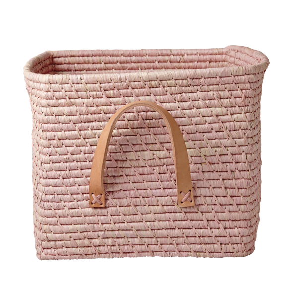 Rice - Small Square Raffia Basket with Leather Handles - Soft Pink - Baby og barn