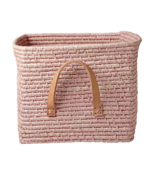 Rice - Small Square Raffia Basket with Leather Handles - Soft Pink