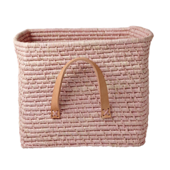 Rice - Small Square Raffia Basket with Leather Handles - Soft Pink