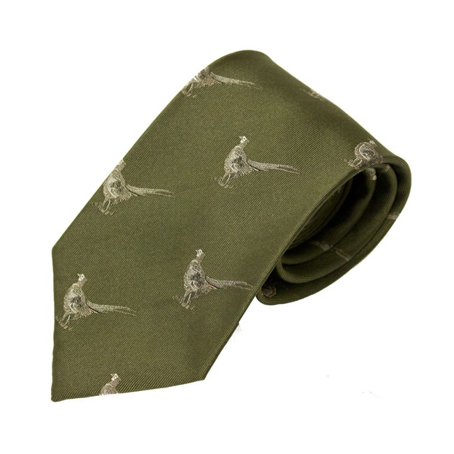 Bisley Pheasants Green 100% Silk Tie - Shooting and hunting - Handmade