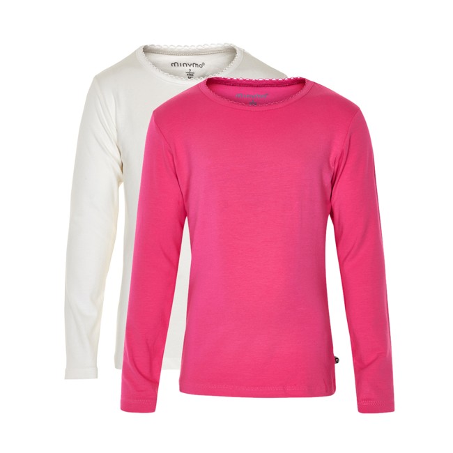 MINYMO - T-shirt, Langærmet - Mørk Pink + Hvid (2pak) - Pige