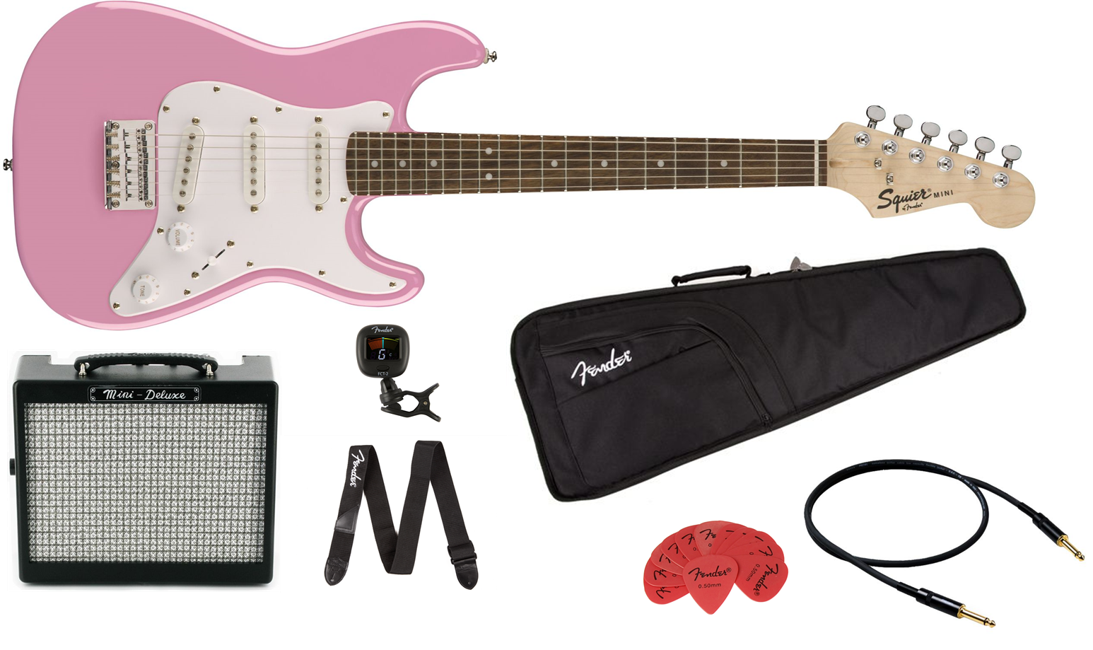 Squier By Fender - Mini Stratocaster V2 - Elektrisk 3/4 Guitar Børne Pakke (Pink)