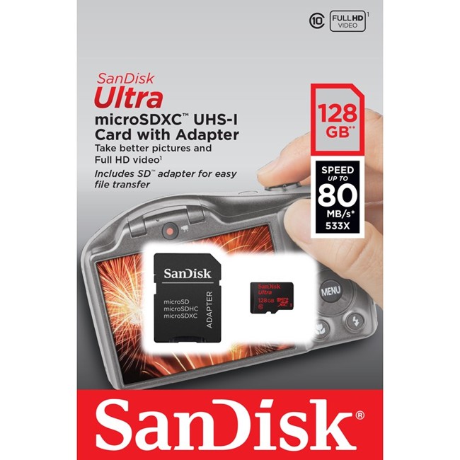 Sandisk - MicroSDHC Ultra Hukommelseskort 128GB 80MB/s UHS-I Adapt