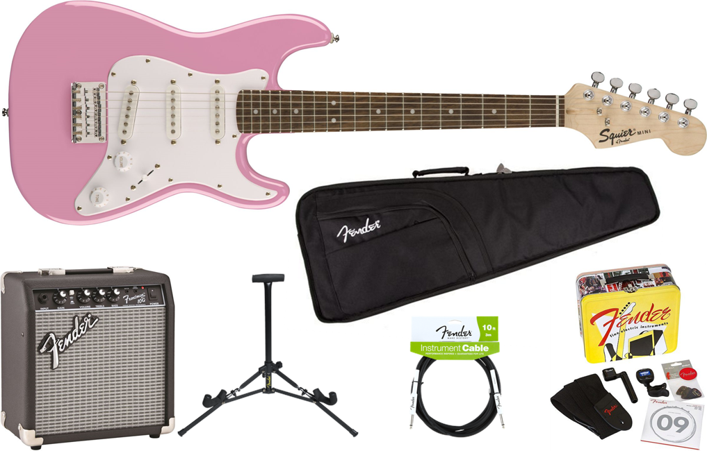 Squier By Fender - Mini Stratocaster V2 - 3/4 Str. - Elektrisk Guitar Start Pakke (Pink)