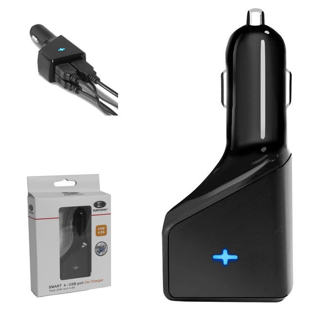 Sumvision 4 Port USB Device In-Car Charger 5V 24W (Black) with Power IQ Smart Technology (Cigar/Ciga