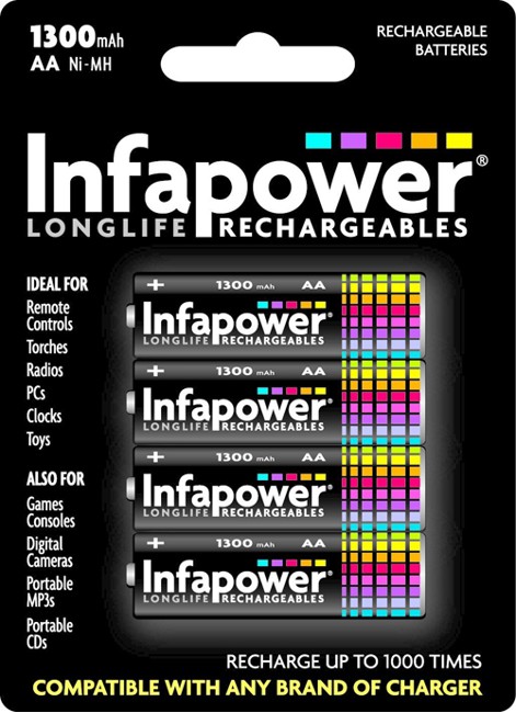 Infapower B003 AA 1300mAh Ni-Mh Rechargeable Batteries 4 Pack (B003)