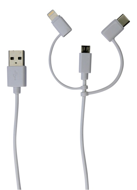 Sinox iMedia 3-i-1 kabel med Lightning, USB-C og Micro USB. 1,0 meter. Hvid