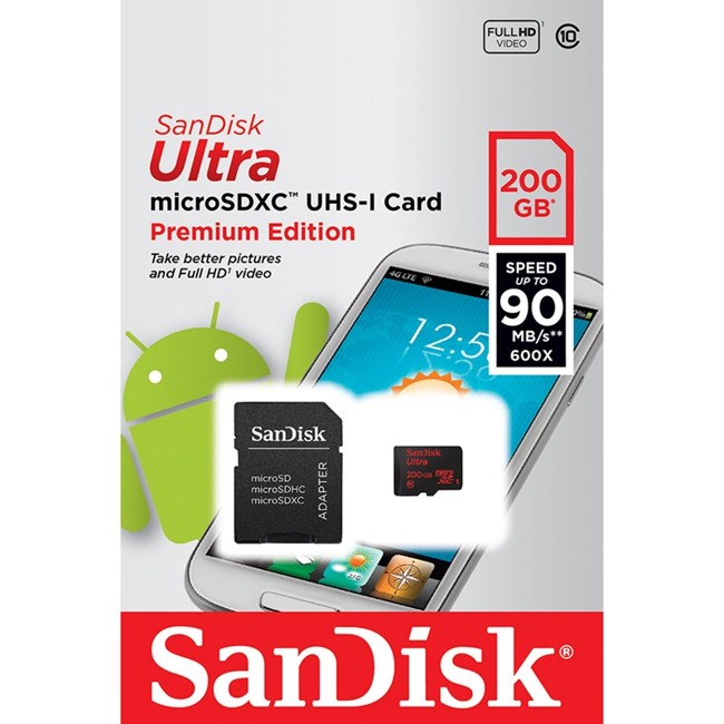 Sandisk - MicroSDHC Ultra Hukommelseskort 200GB 90MB/s UHS-I Adapt