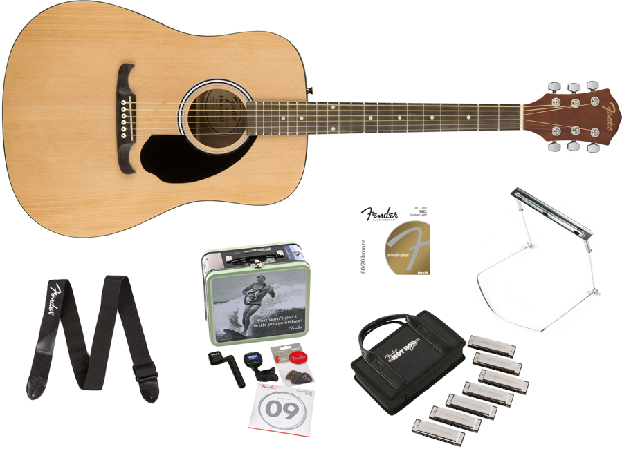 Fender - FA-125 Akustisk Guitar Pakke Med Tilbehør & Hot Rod Deluxe Mundharpe Pakke (Natural)