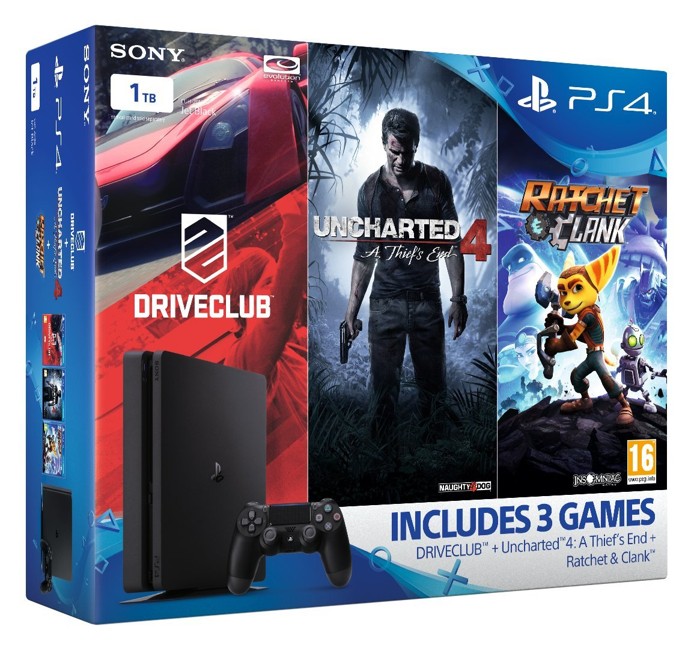 Playstation 4 Slim Console - 1TB Mega Pack Bundle (Uncharted 4, Ratchet and Clank, DriveClub)  (Nordic)
