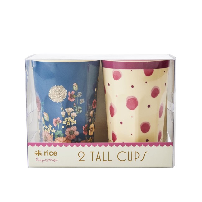 Rice - 2 Tall Melamine Cups - Water Color & Flower Collage