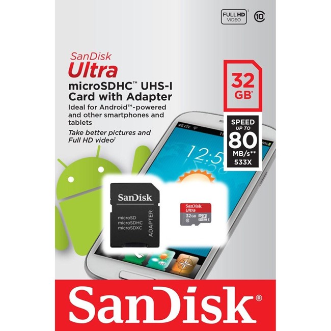 SanDisk MicroSDHC Ultra 32GB Android adapter, C10 80MB/SEK