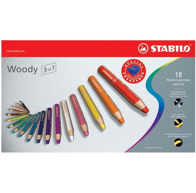 Stabilo - Woody 3i1 farver, 18 stk + blyantspidser